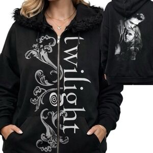 Twilight Hoodie Size S Twilight Saga Black Full Zip Jacket Graphic Fur Hood